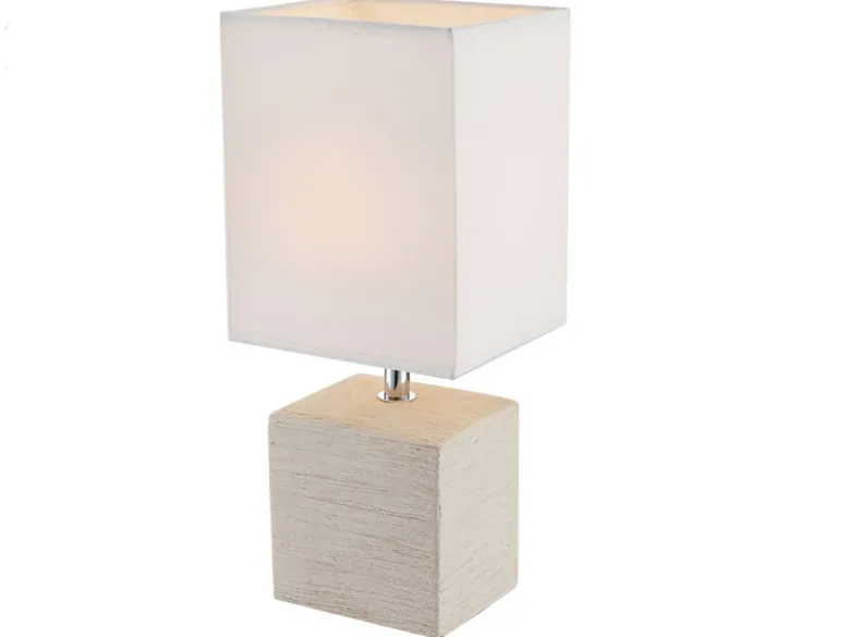 LED Tischleuchte eckig Weiß mit Keramikfuß und Stoffschirm, Höhe 29cm