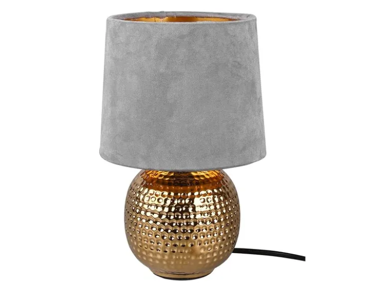 LED Tischleuchte Grau/Gold Keramikfuß Samtschirm, Höhe 26cm