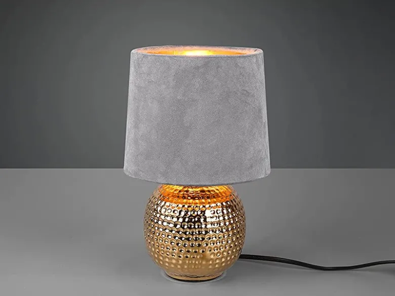 LED Tischleuchte Grau/Gold Keramikfuß Samtschirm, Höhe 26cm