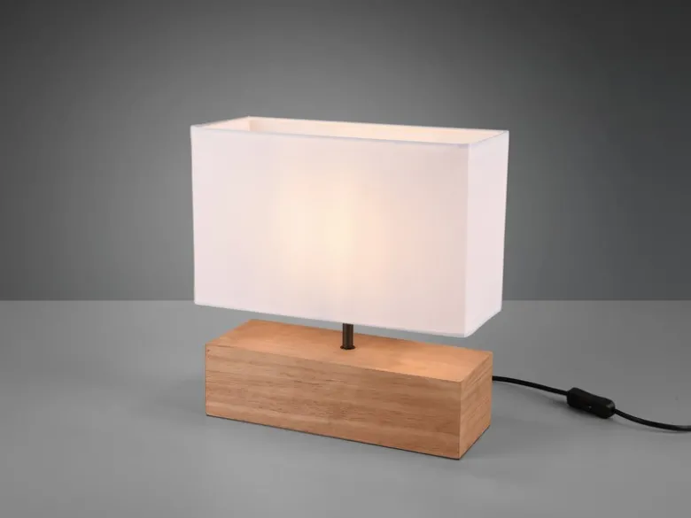 LED Tischleuchte Holzfuß mit Stoffschirm in Weiß, Höhe 30cm