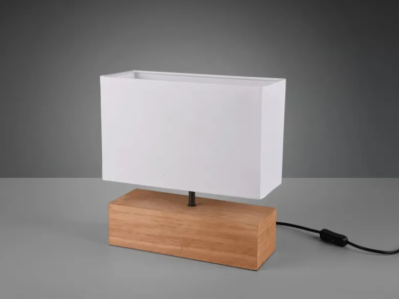 LED Tischleuchte Holzfuß mit Stoffschirm in Weiß, Höhe 30cm