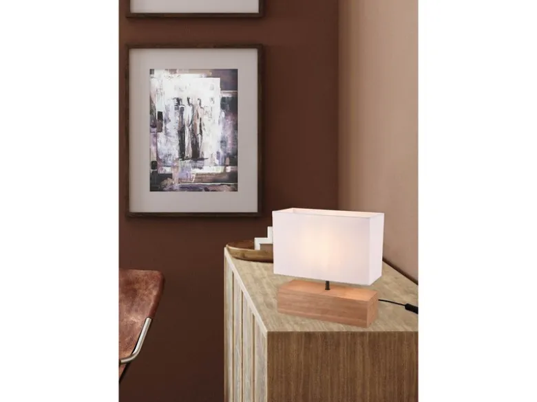 LED Tischleuchte Holzfuß mit Stoffschirm in Weiß, Höhe 30cm