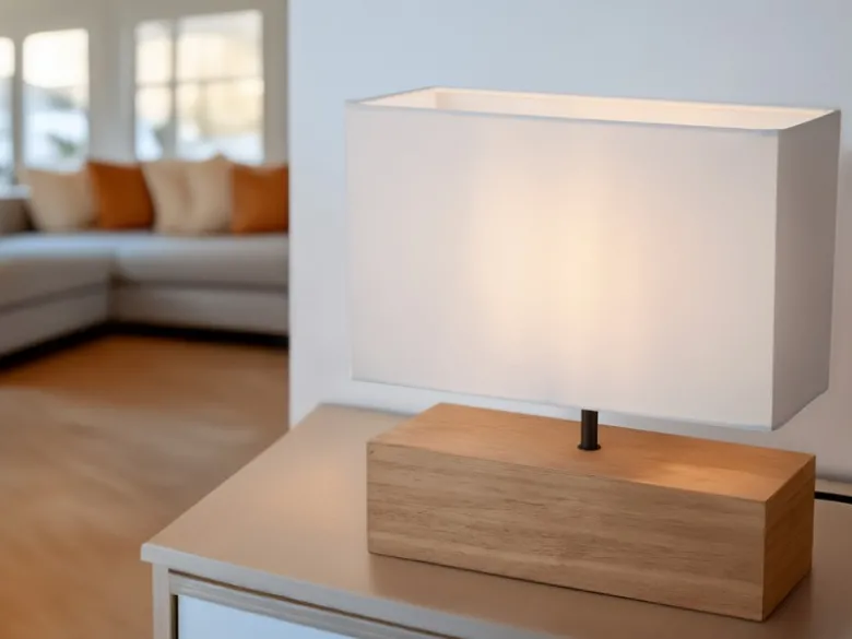 LED Tischleuchte Holzfuß mit Stoffschirm in Weiß, Höhe 30cm