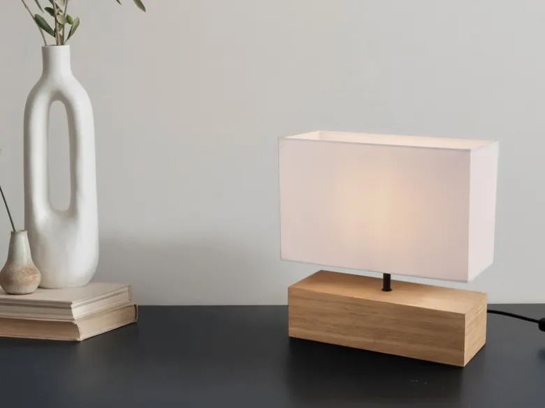 LED Tischleuchte Holzfuß mit Stoffschirm in Weiß, Höhe 30cm