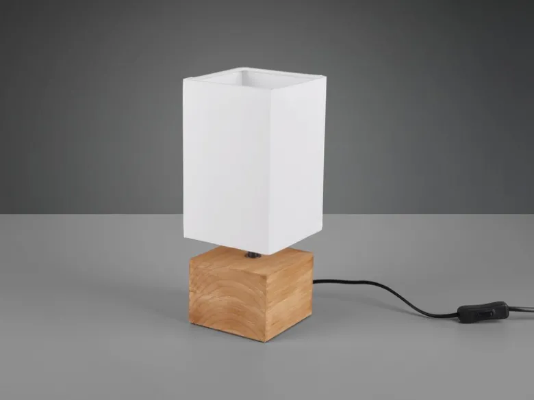 LED Tischleuchte Holzfuß mit Stoffschirm in Weiß, Höhe 30cm