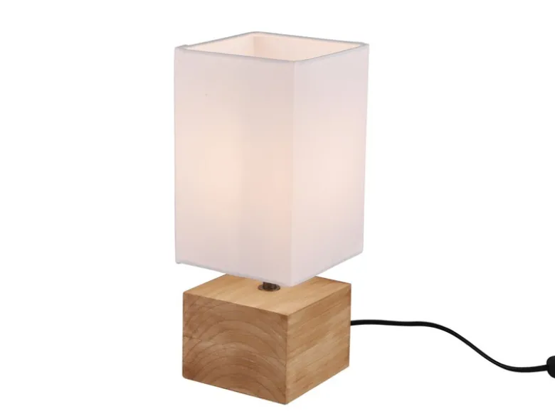 LED Tischleuchte Holzfuß mit Stoffschirm in Weiß, Höhe 30cm