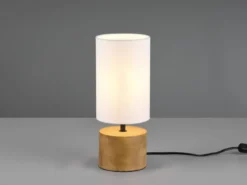 LED Tischleuchte Holzfuß mit Stoffschirm in Weiß, Höhe 30cm