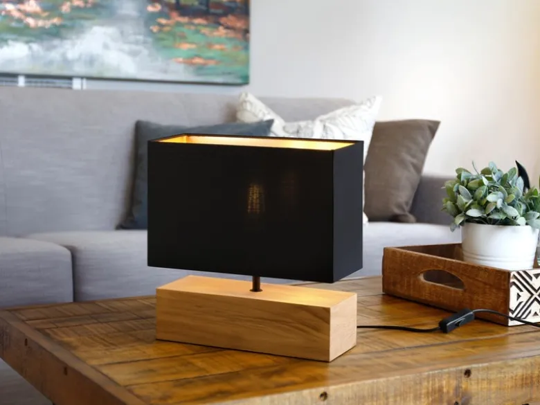 LED Tischleuchte Holzfuß Stoffschirm Schwarz/Gold, Höhe 30cm
