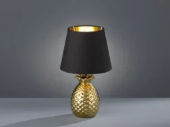 LED Tischleuchte Keramik Ananas Gold mit Stoffschirm Schwarz Gold, Höhe 35cm