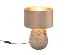 LED Tischleuchte Keramikfuß Grau mit Samtschirm Beige Gold, Höhe 38cm