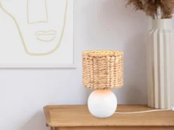 LED Tischleuchte Keramikfuß Weiß mit Seegras Lampenschirm, Höhe 29cm