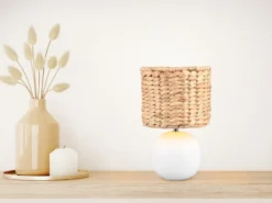 LED Tischleuchte Keramikfuß Weiß mit Seegras Lampenschirm, Höhe 29cm