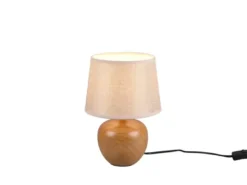 LED Tischleuchte Keramik in Holzoptik mit Stoffschirm Beige, Höhe 26cm