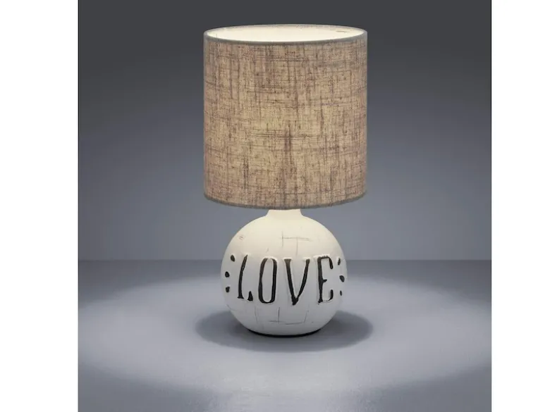 LED Tischleuchte Keramik-Sockel Schriftzug LOVE Stoffschirm Braun, Höhe 31cm