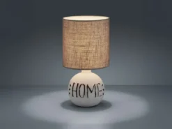 LED Tischleuchte Keramik-Sockel Schriftzug HOME Stoffschirm Braun, Höhe 31cm