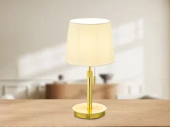 LED Tischleuchte Messing mit Stoffschirm Weiß, Höhe 45-56cm verstellbar