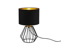 LED Tischleuchte mit Gitterkorpus und Stoffschirm in Schwarz/Gold, Höhe 34cm