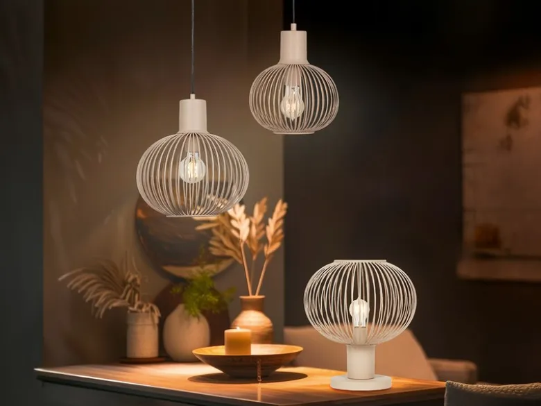 LED Tischleuchte mit Gitter Lampenschirm Beige, Höhe 28cm