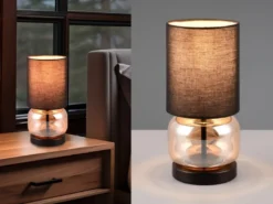 LED Tischleuchte mit Glasfuß Amber und Stoffschirm Schwarz, Höhe 28cm