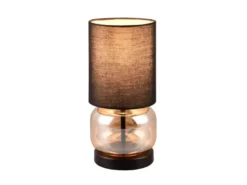 LED Tischleuchte mit Glasfuß Amber und Stoffschirm Schwarz, Höhe 28cm