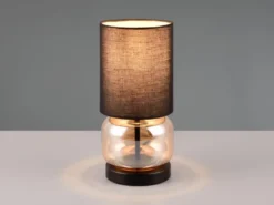 LED Tischleuchte mit Glasfuß Amber und Stoffschirm Schwarz, Höhe 28cm