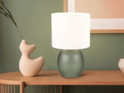 LED Tischleuchte mit Glasfuß Grün und Stoffschirm Weiß, Höhe 29cm