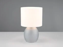 LED Tischleuchte mit Glasfuß Grau und Stoffschirm Weiß, Höhe 29cm