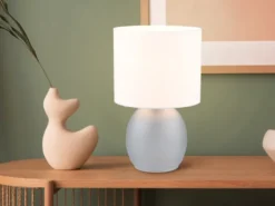 LED Tischleuchte mit Glasfuß Grau und Stoffschirm Weiß, Höhe 29cm