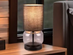 LED Tischleuchte mit Glasfuß Rauchglas und Stoffschirm Schwarz, Höhe 28cm