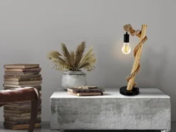 LED Tischleuchte mit Hanfseil und Holzstab, Höhe 53,5cm