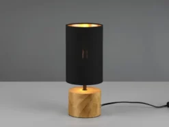 LED Tischleuchte mit Holzfuß & Stoffschirm Schwarz Gold, Höhe 30cm