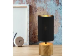 LED Tischleuchte mit Holzfuß & Stoffschirm Schwarz Gold, Höhe 30cm