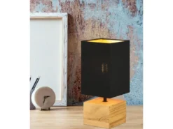LED Tischleuchte mit Holzfuß Stoffschirm Schwarz / Gold, Höhe 30cm