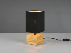 LED Tischleuchte mit Holzfuß Stoffschirm Schwarz / Gold, Höhe 30cm