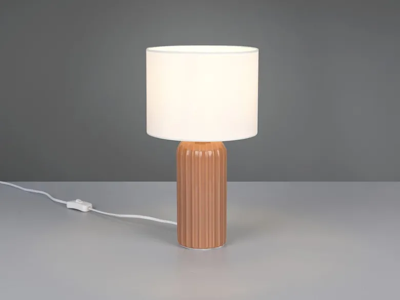 LED Tischleuchte mit Keramikfuß Mocca & Stoffschirm Beige, Höhe 36cm