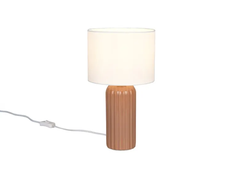 LED Tischleuchte mit Keramikfuß Mocca & Stoffschirm Beige, Höhe 36cm