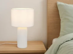 LED Tischleuchte mit Keramikfuß & Stoffschirm Weiß, Höhe 36cm