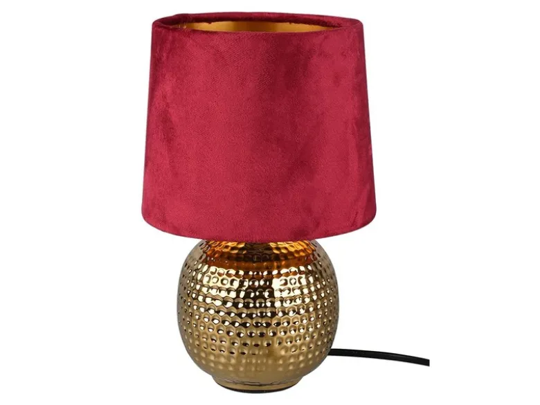 LED Tischleuchte mit Keramikfuß & Samtschirm Rot - Gold, Höhe 26cm