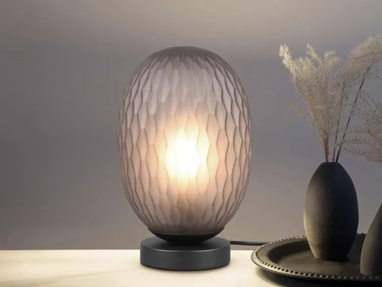 LED Tischleuchte mit ovalem Rauchglas Lampenschirm, Höhe 28cm