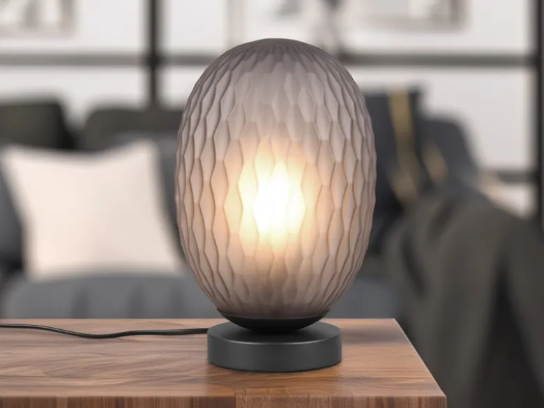 LED Tischleuchte mit ovalem Rauchglas Lampenschirm, Höhe 28cm