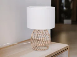LED Tischleuchte mit Rattan Geflecht & Stoff Lampenschirm Weiß, Höhe 38cm