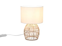 LED Tischleuchte mit Rattan Geflecht & Stoff Lampenschirm Weiß, Höhe 38cm