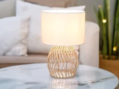 LED Tischleuchte mit Rattan Geflecht & Stoff Lampenschirm Weiß, Höhe 38cm