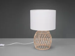 LED Tischleuchte mit Rattan Geflecht & Stoff Lampenschirm Weiß, Höhe 38cm