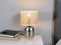 LED Tischleuchte mit Rattanschirm, Kork und Glasfuß, Höhe 32cm