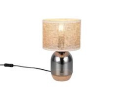 LED Tischleuchte mit Rattanschirm, Kork und Glasfuß, Höhe 32cm