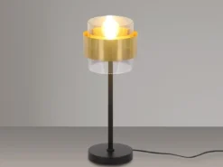 LED Tischleuchte mit Rauchglas Lampenschirm, Messingring, Höhe 47cm