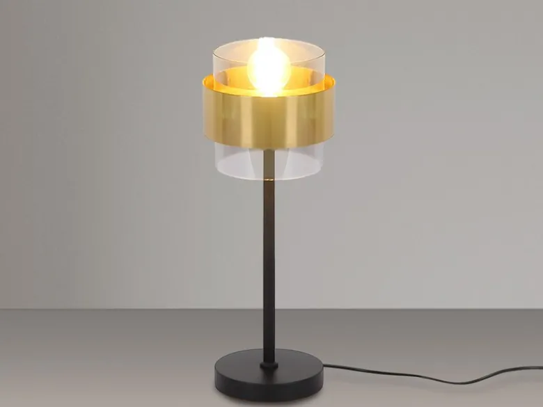 LED Tischleuchte mit Rauchglas Lampenschirm, Messingring, Höhe 47cm