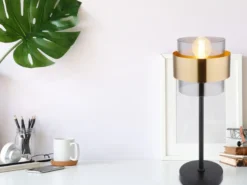 LED Tischleuchte mit Rauchglas Lampenschirm, Messingring, Höhe 47cm