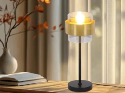 LED Tischleuchte mit Rauchglas Lampenschirm, Messingring, Höhe 47cm